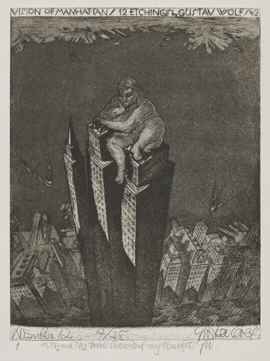 A black-and-white print of three skyscrapers towering over the rest of skyline with a larger-than-life nude person sitting on top of the skyscrapers.