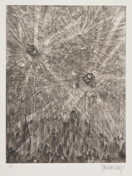 A black-and-white print of two human figures, heads only, with radiating gray-scale lines and shapes over a city skyline.