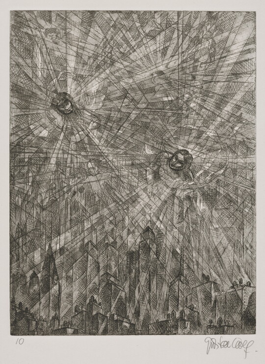 A black-and-white print of two human figures, heads only, with radiating gray-scale lines and shapes over a city skyline.