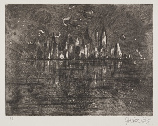 A black-and-white print of abstract planets and star-shapes over a city skyline.