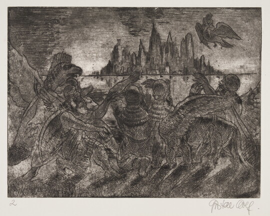 A black-and-white print of a group of mythical half-bird, half-man creatures looking toward a city skyline.