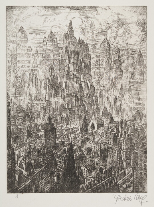 A black-and-white print of a city skyline from a bird's eye view, some buildings reaching up into billowing clouds.