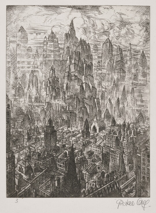 A black-and-white print of a city skyline from a bird's eye view, some buildings reaching up into billowing clouds.