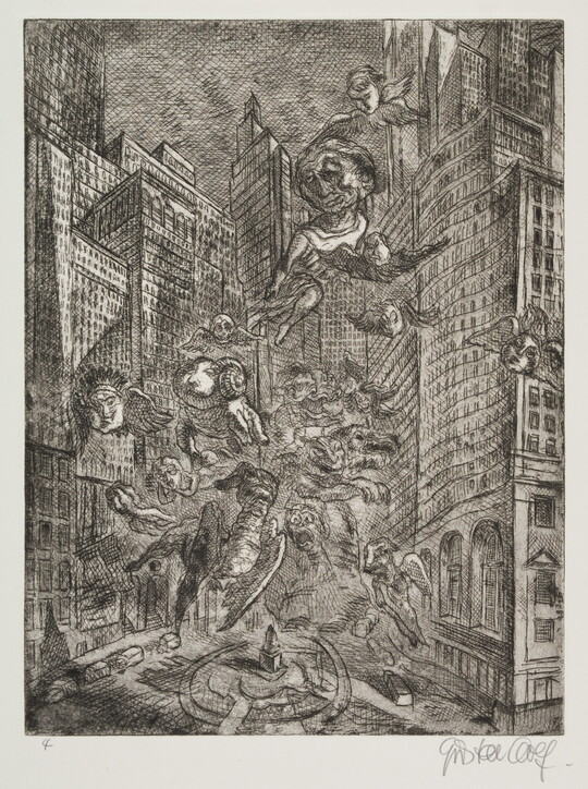 A black-and-white print of skyscrapers surrounding a city plaza that is filled with flying mythical creatures.