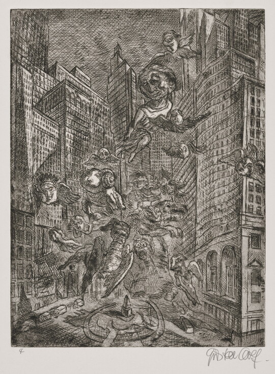 A black-and-white print of skyscrapers surrounding a city plaza that is filled with flying mythical creatures.