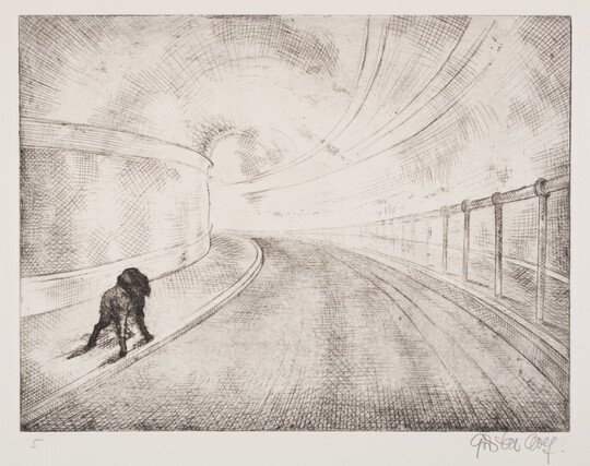 A black-and-white print of a paved tunnel with a rough sketch of an animal-like figure on the sidewalk.