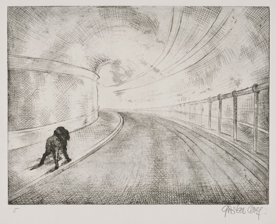 A black-and-white print of a paved tunnel with a rough sketch of an animal-like figure on the sidewalk.