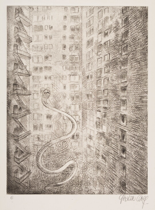 A black-and-white print of tall buildings, some with fire escapes, and a snake hovering up between the buildings. 