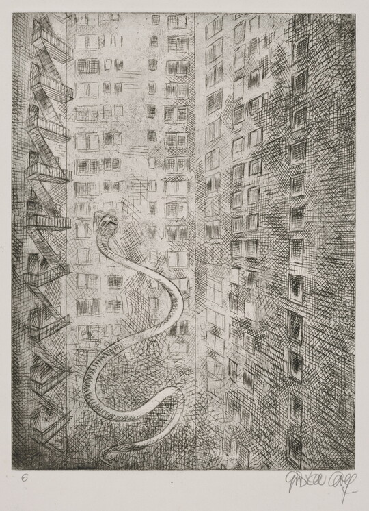 A black-and-white print of tall buildings, some with fire escapes, and a snake hovering up between the buildings.