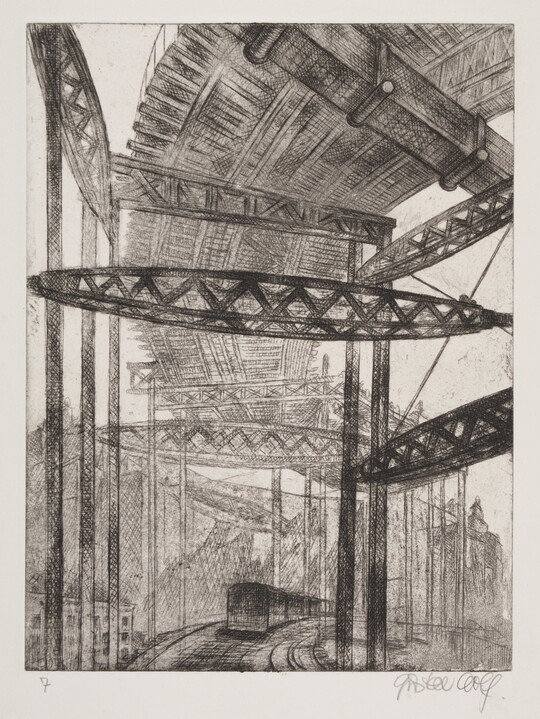 A black-and-white print of a bridge seen from below and a train traveling beneath it.