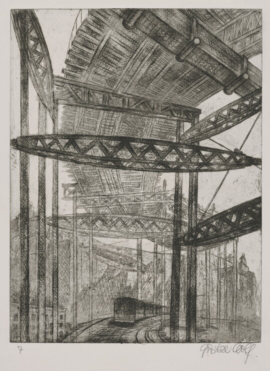 A black-and-white print of a bridge seen from below and a train traveling beneath it.