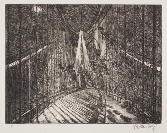 A black-and-white print of a cable-suspension bridge at night with flying mythical creatures under a streetlamp on the bridge.