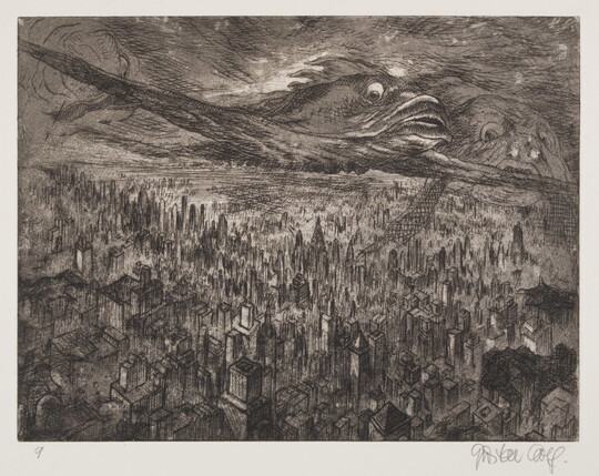 A black-and-white print of a city skyline from above with large mythical, half-bird, half-fish creatures flying in the clouds above the city.
