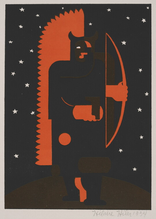 A color print in red and black of a humanoid figure with horns holding a bow and arrow surrounded by white stars.
