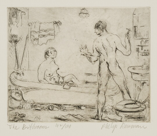 A black-and-white print of a messy bathroom with a nude female in the bathtub and a nude male standing by the toilet shaving.<br />