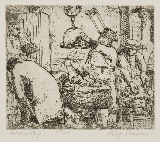 A black-and-white print of people doing various jobs - cutting, weighing, plucking - in a butcher shop.<br />