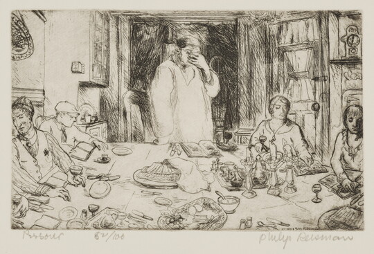 A black-and-white print of a figure standing at a table holding their hand over their face as others sit around the table with wine, plates, candles, and books in front of them.<br />