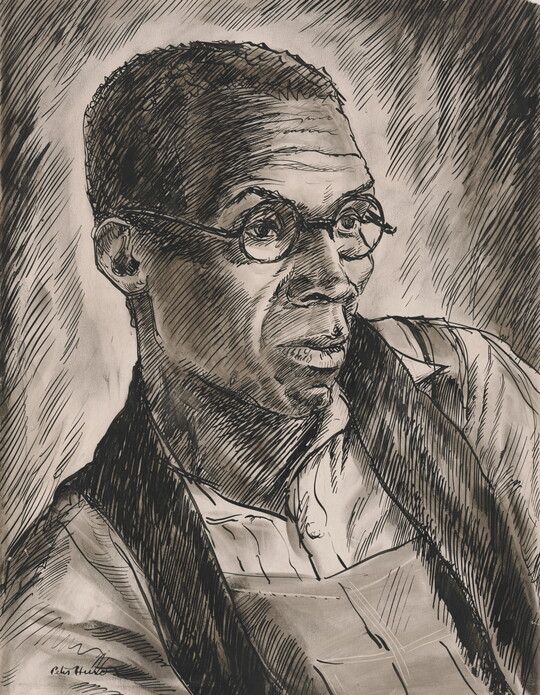 A black ink portrait drawing of the head and shoulders of a Black man with short hair wearing round glasses.