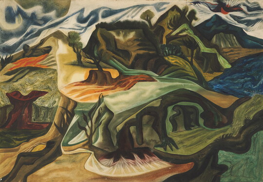 An abstract watercolor landscape of a mountainous terrain with some trees, mostly painted in blue, green, and yellow.