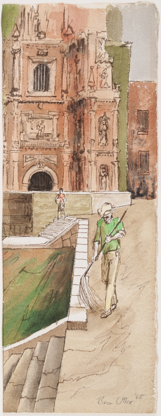 A tall, narrow watercolor of a figure mopping an outdoor terrace in front of a large church.