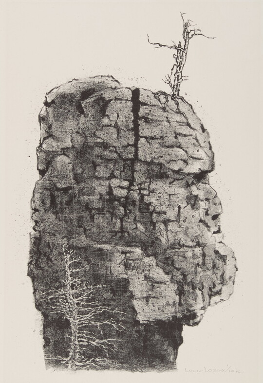 A black-and-white print of a large boulder with a vertical crack in the middle and a leafless tree on the top.