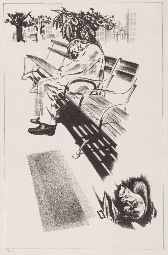 A black-and-white print of a man sleeping on a park bench, as a squirrel sits on the ground nearby. 