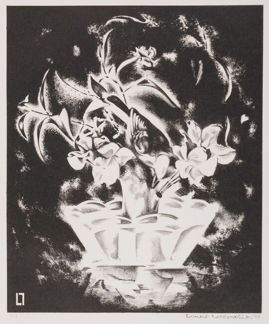 An abstract black-and-white print of white flowers in a white vase against a black background. 
