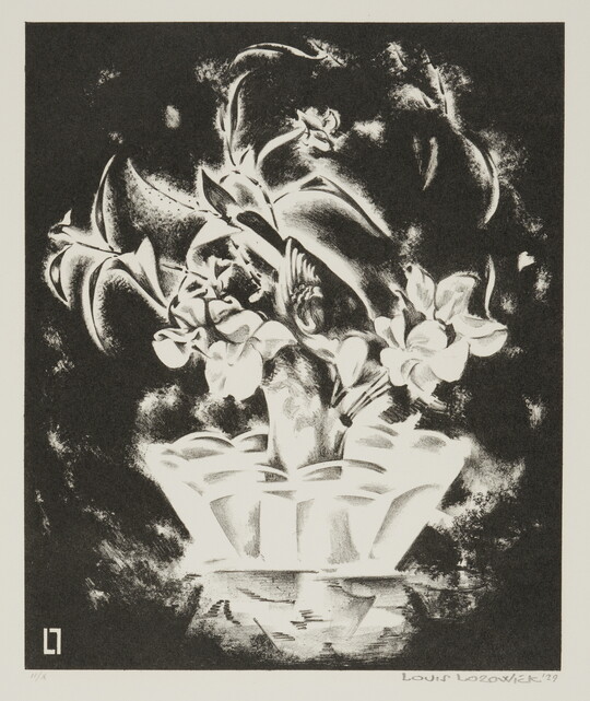 An abstract black-and-white print of white flowers in a white vase against a black background.