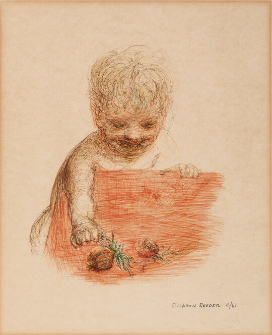 A sketch of a White child with blond hair leaning over a red table to grab a strawberry.