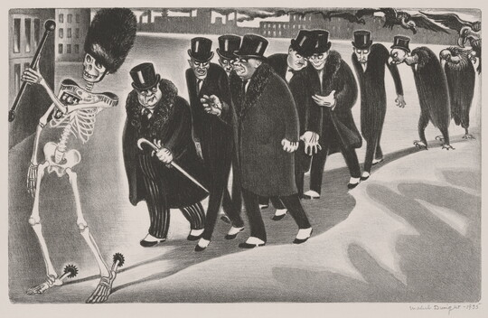 A black-and-white print of a skeleton wearing a tall bearskin hat and spurs while leading a parade of men in coats and top hats who morph into vultures toward the back.