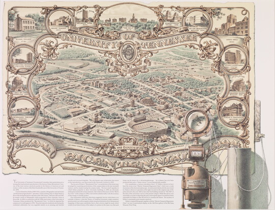 A color print of a bird's eye view of a university campus surrounded by ornamental vignettes of buildings.
