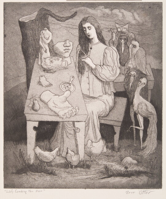 A black-and-white print of woman surrounded by birds, combing her hair at table cluttered with sculptures of body parts.