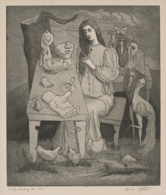 A black-and-white print of woman surrounded by birds, combing her hair at table cluttered with sculptures of body parts.