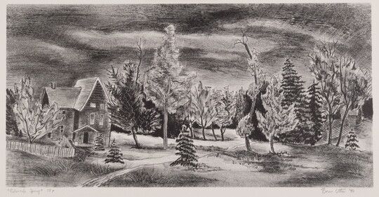A black-and-white print of a three-story clapboard house and picket fence in a densely wooded landscape under a heavy sky.