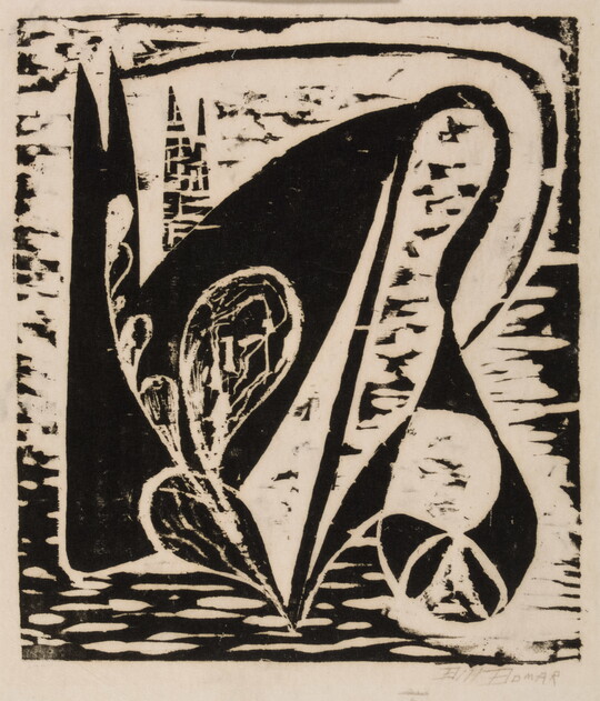An abstract black-and-white print of plant-like shapes stretching and bending over chunky, black shapes.