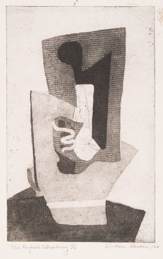 An abstract black-and-white print of white and gray organic shapes fitted together to create a shadowed keyhole shape.