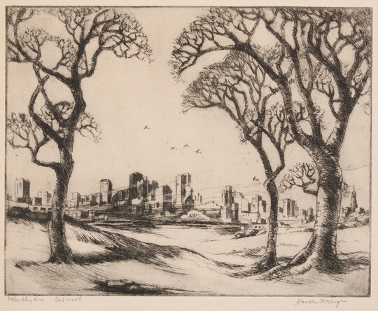 A black-and-white print of a city skyline in the distance framed by three trees in the foreground.
