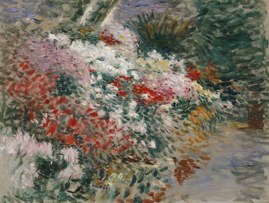 A colorful, impressionist-style painting of red, white, pink, and orange flowers in a garden.