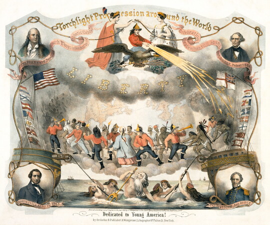 A color print of multiple historical mythological scenes in the center over the words "Dedicated to Young America" with portraits of four famous White men in the corners.