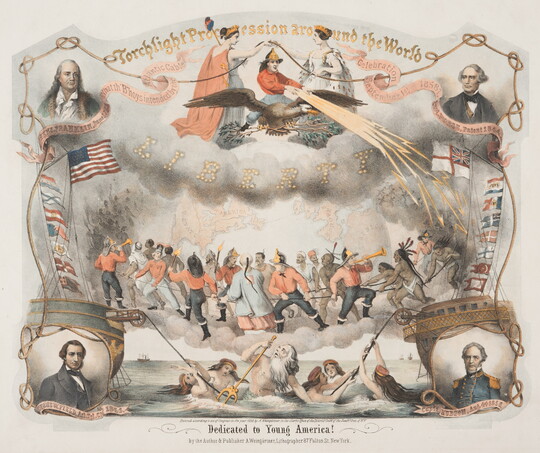 A color print of multiple historical mythological scenes in the center over the words "Dedicated to Young America" with portraits of four famous White men in the corners.