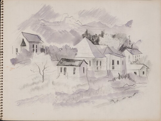 A black-and-white watercolor in a spiral sketchbook of six houses built into the side of a hill.