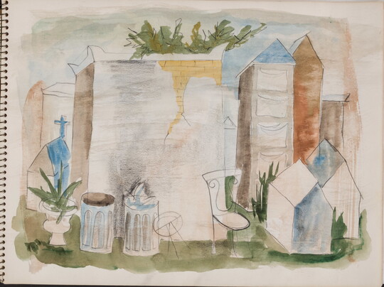 A watercolor drawing of a neighborhood street, including buildings, a chair, garbage cans, and a potted plant, on a page of a bound sketchbook.