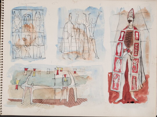 A group of four separate watercolor studies, two abstract and two depicting human figures, on a page of a bound sketchbook.