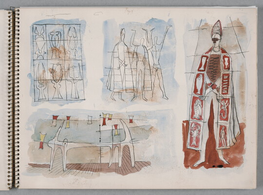 A group of four separate watercolor studies, two abstract and two depicting human figures, on a page of a bound sketchbook.