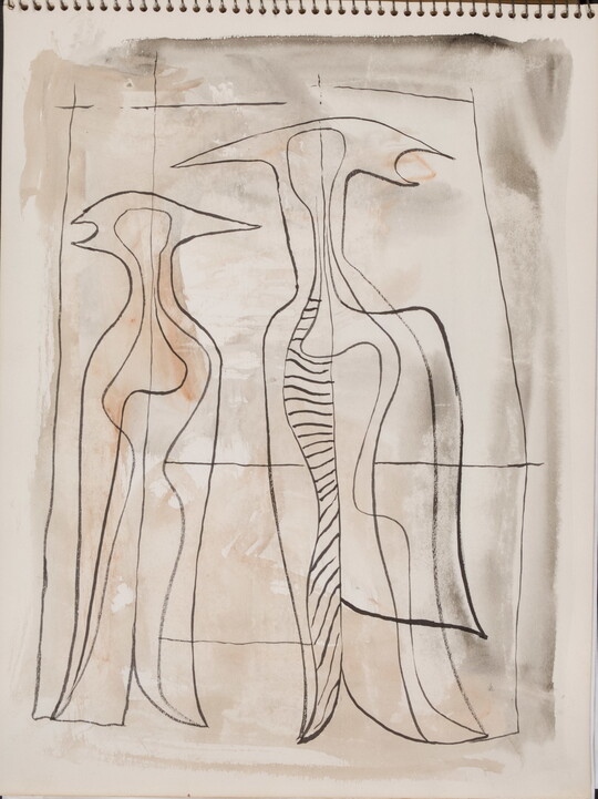 A watercolor drawing of two abstracted, bird-like figures on a page of a bound sketchbook.