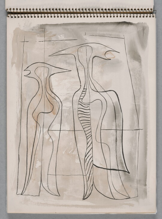 A watercolor drawing of two abstracted, bird-like figures on a page of a bound sketchbook.