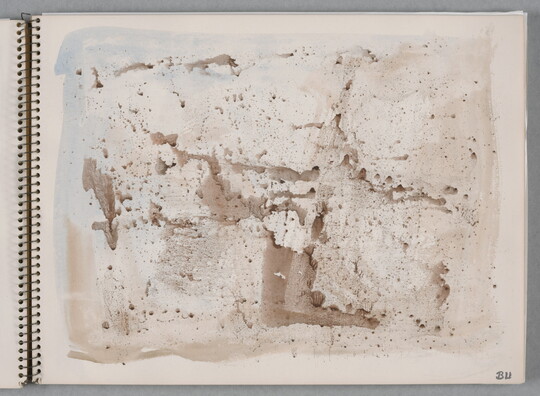 An abstract watercolor of sepia-toned splatters on a page of a bound sketchbook.