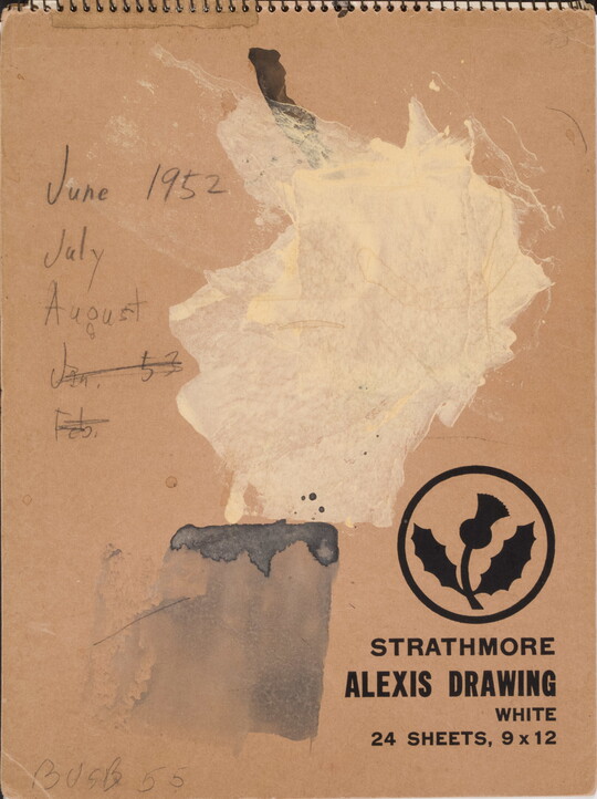 A brown spiral sketchbook dated with the months and year and covered with dark gray and white blotches. 