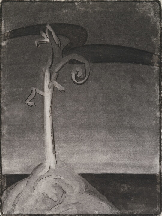 A charcoal drawing of an abstracted bare tree rising up against a flat landscape.