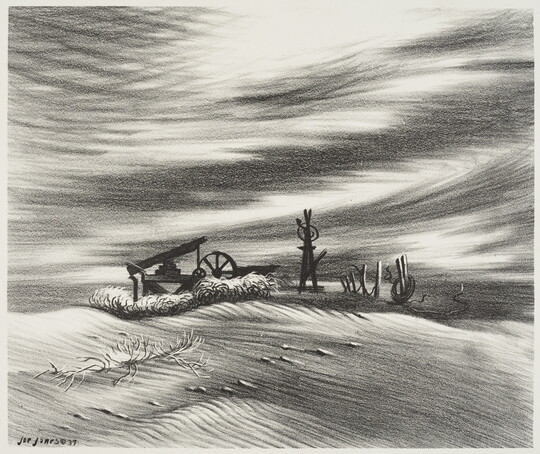 A black-and-white print of a bare field with abandoned farm equipment and dusty, windy skies.